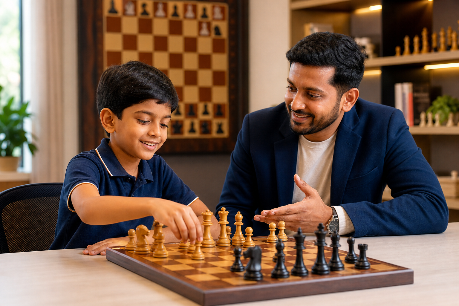 A young chess student learning the fundamentals with a coach
