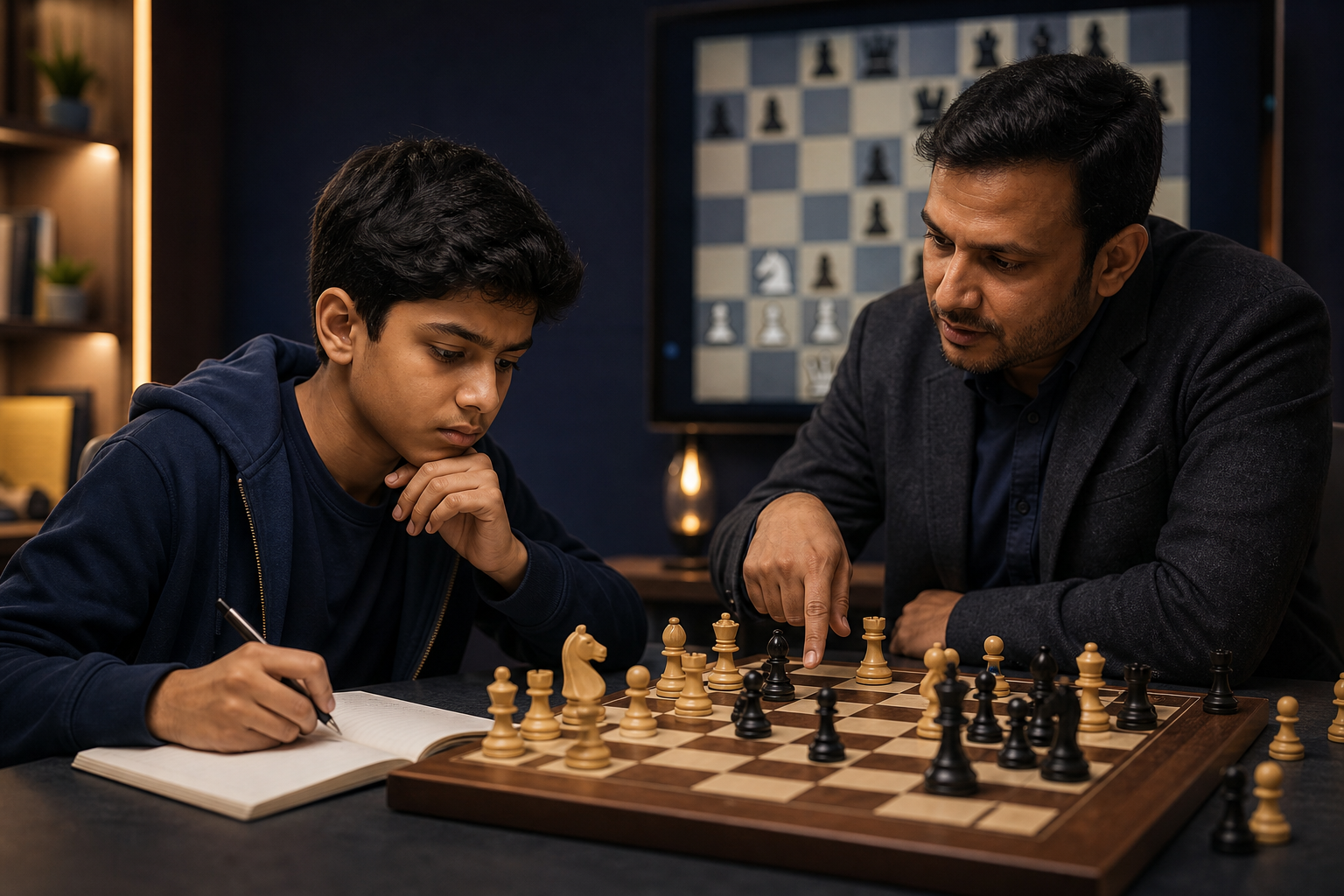 An intermediate chess student analysing a position with a coach