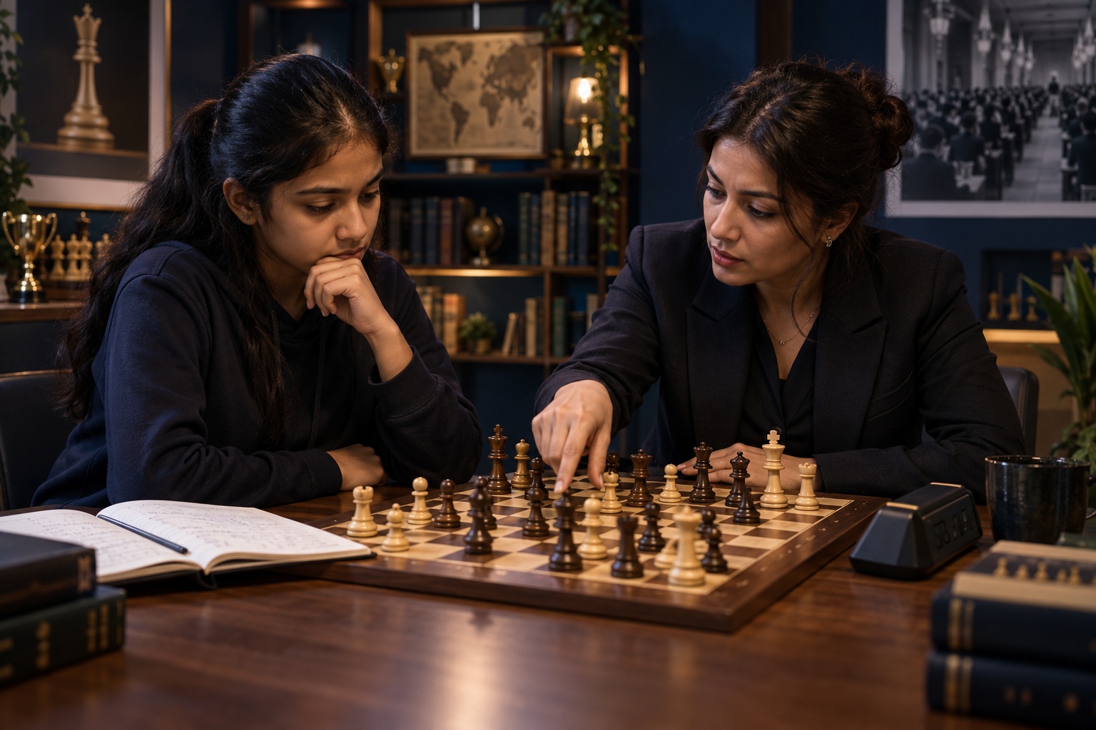 An advanced intermediate chess student analysing a complex position with a coach