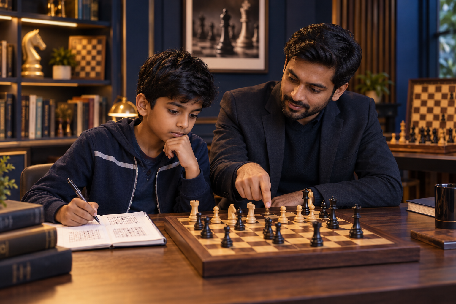 An advanced beginner chess student developing tactical strength with a coach